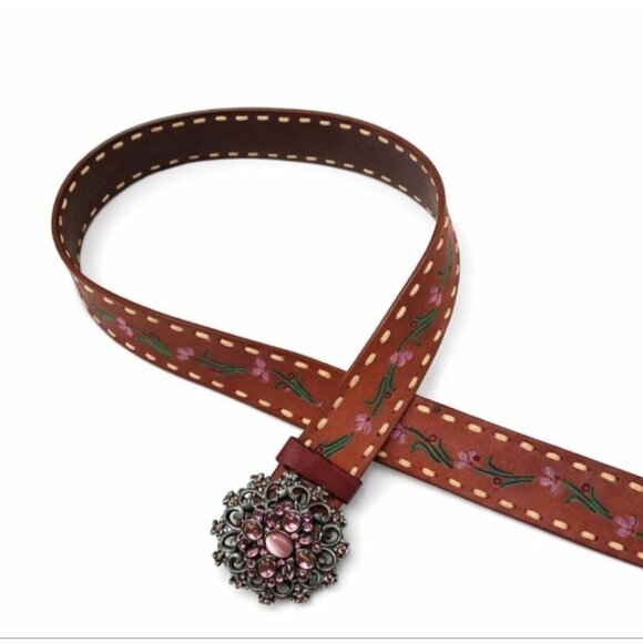 Streets Ahead Vintage Leather Belt Sz S Pink Rhinestone Medallion USA - Picture 2 of 11